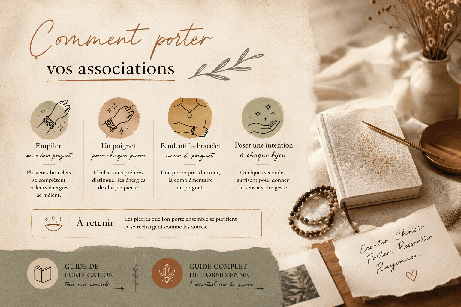 Plusieurs bracelets de pierres naturelles empilés au même poignet