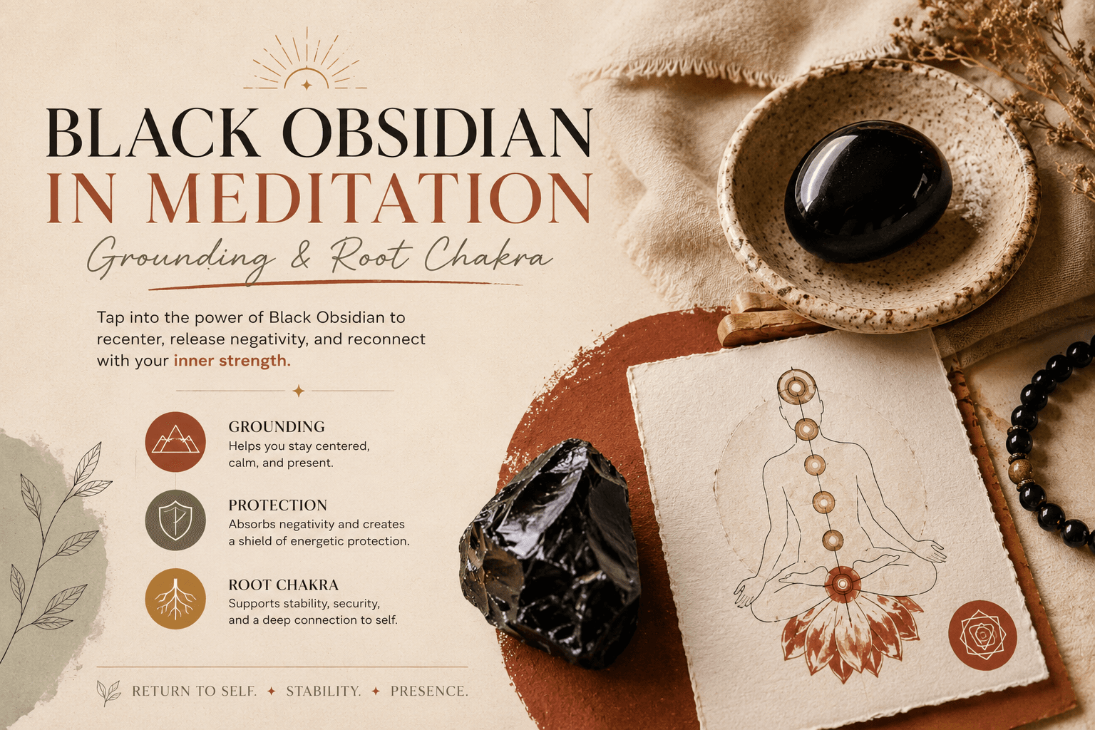 Meditating with black obsidian to feel grounded and settle the root chakra