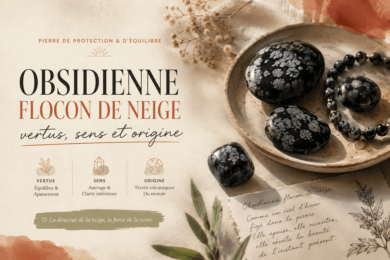 Obsidienne flocon de neige : pierre noire mouchetée de flocons gris et blancs