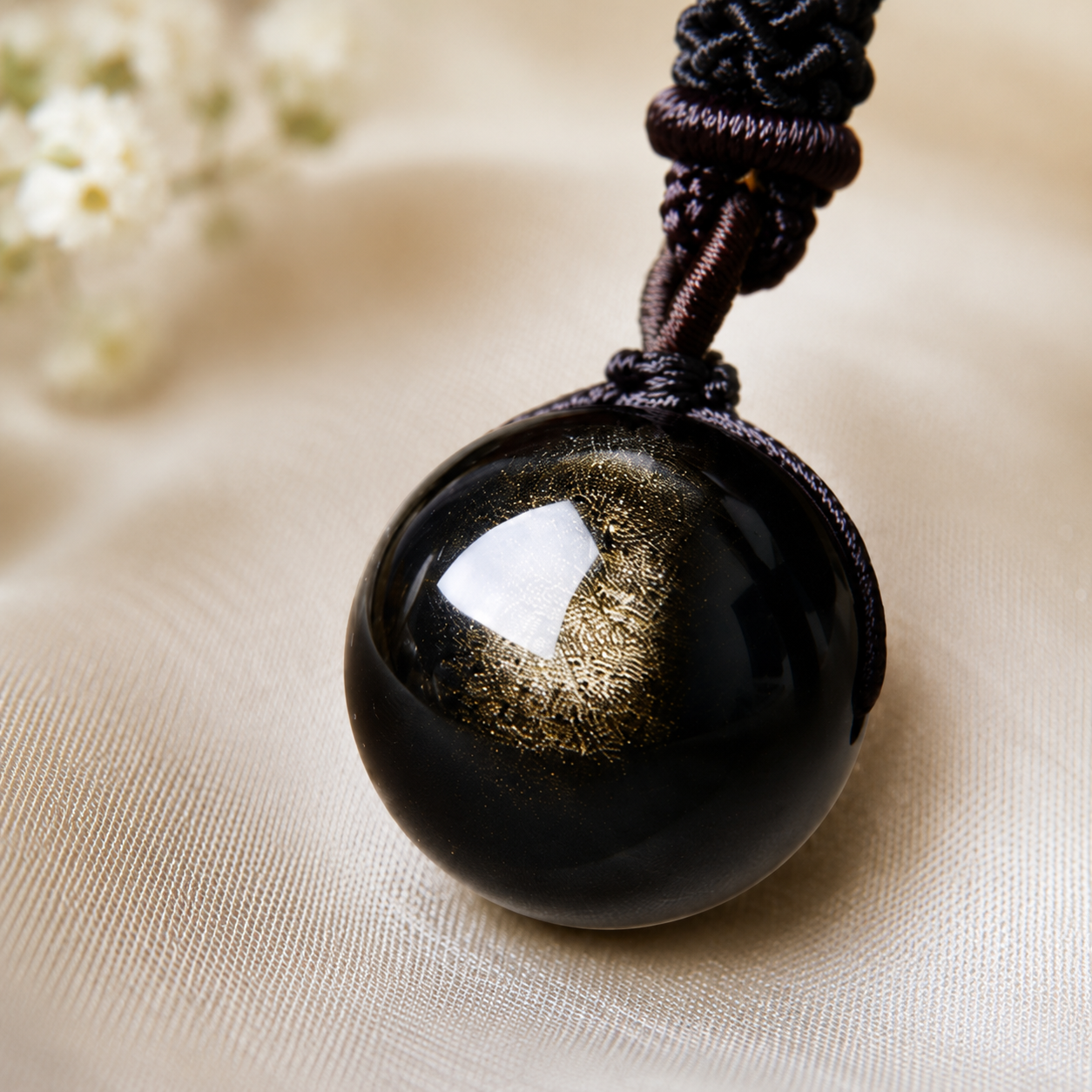 Close-up of the gold sheen obsidian sphere and its shimmering golden reflection