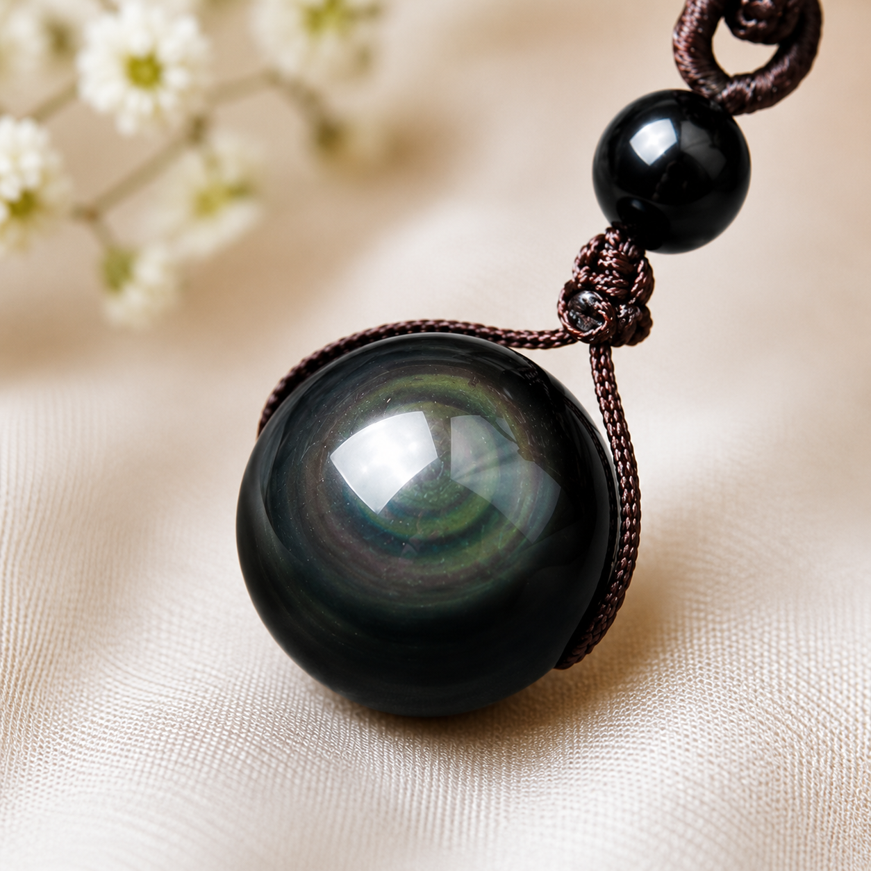 Close-up of the rainbow obsidian sphere and its blue shimmer