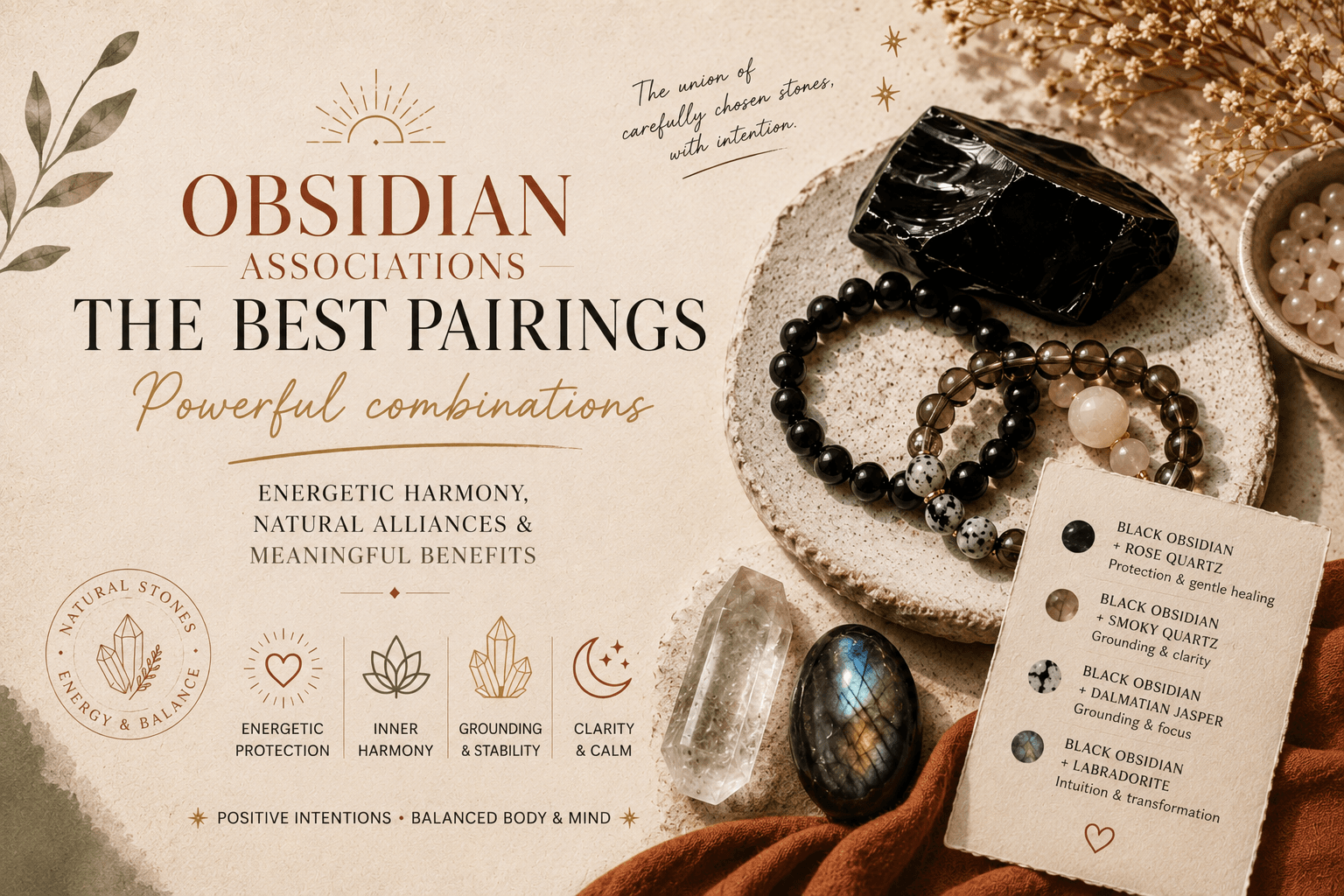 Obsidian paired with other natural stones: crystal pairings and duos