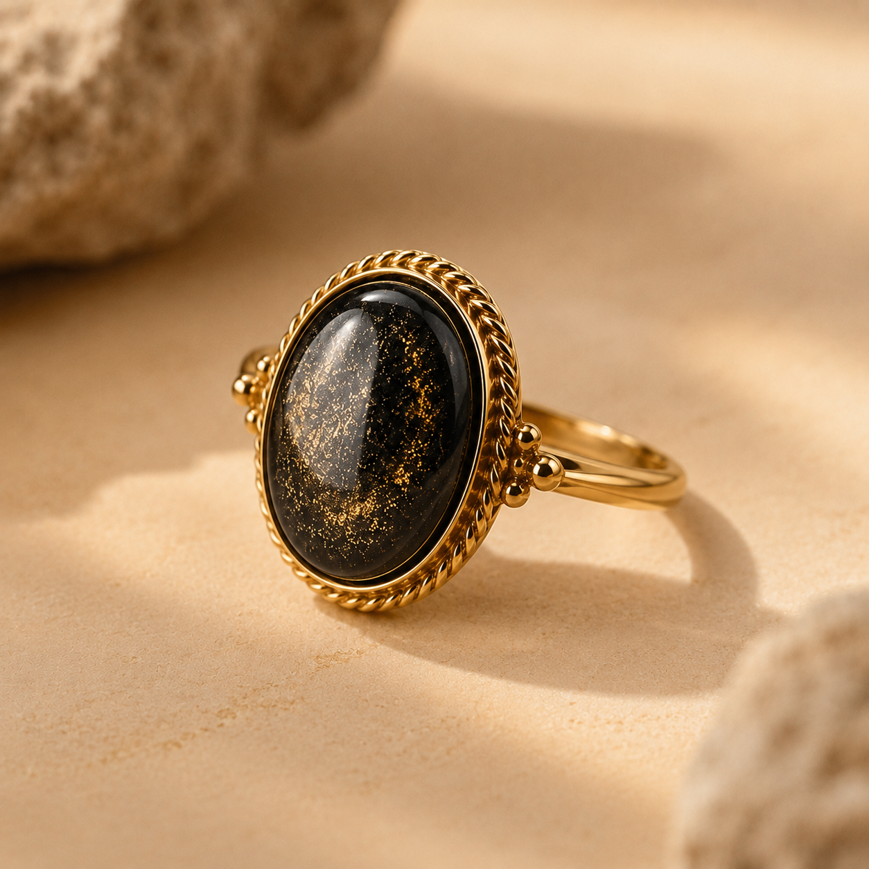 Detail of the natural gold sheen obsidian ring