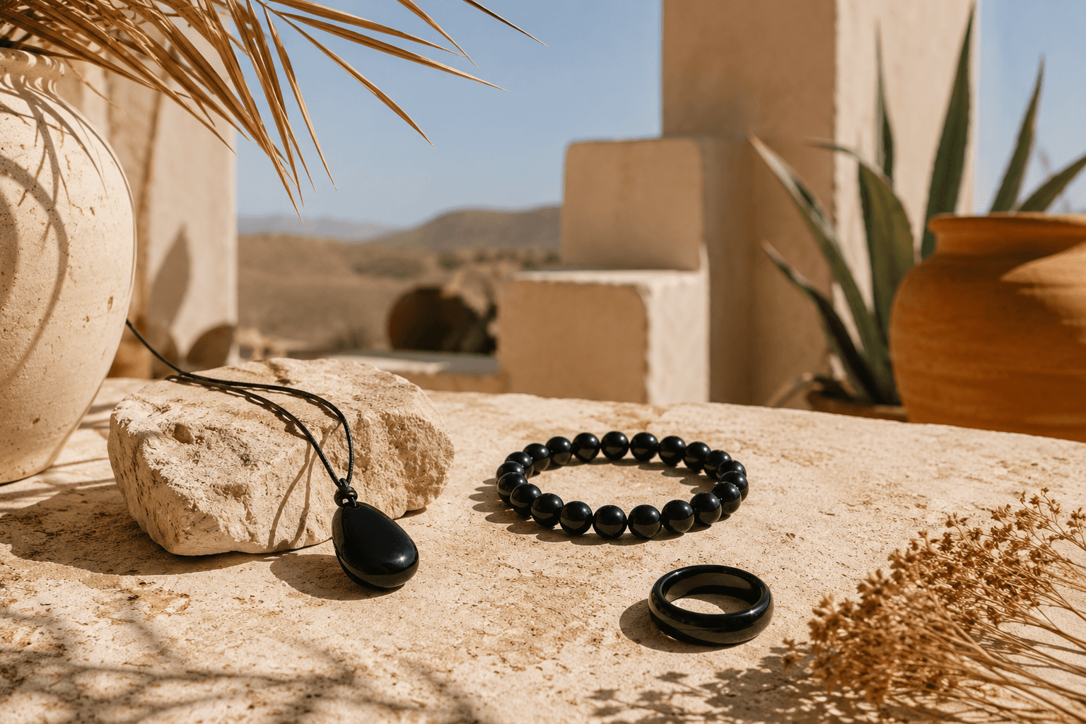 Bracelet en perles d'obsidienne noire porté au poignet d'un homme