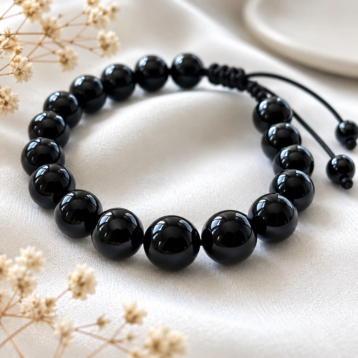 Black obsidian bracelet: beads and adjustable stretch cord