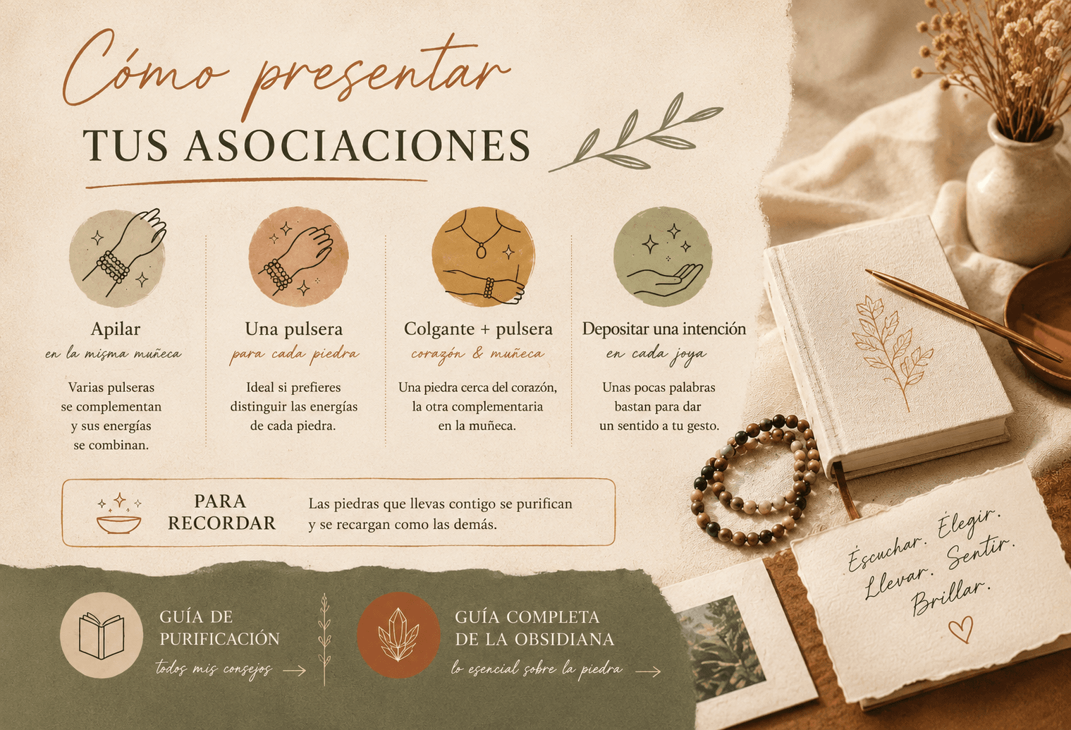 Varios brazaletes de piedras naturales apilados en la misma muñeca