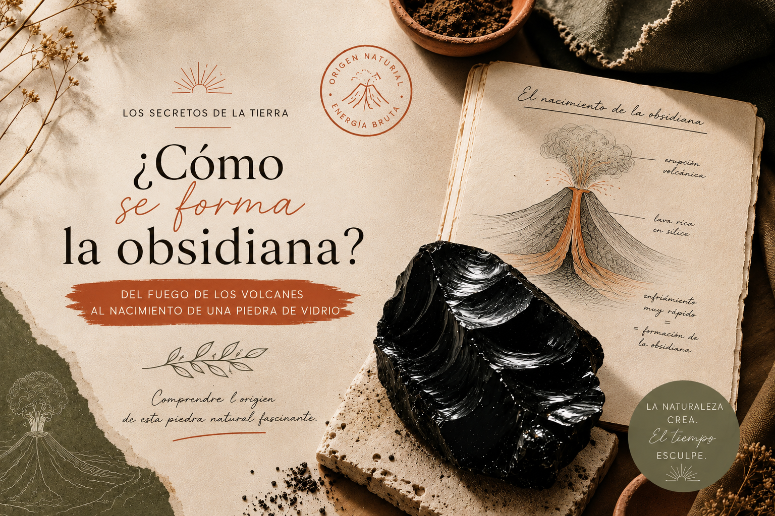 Obsidiana negra en bruto, vidrio volcánico