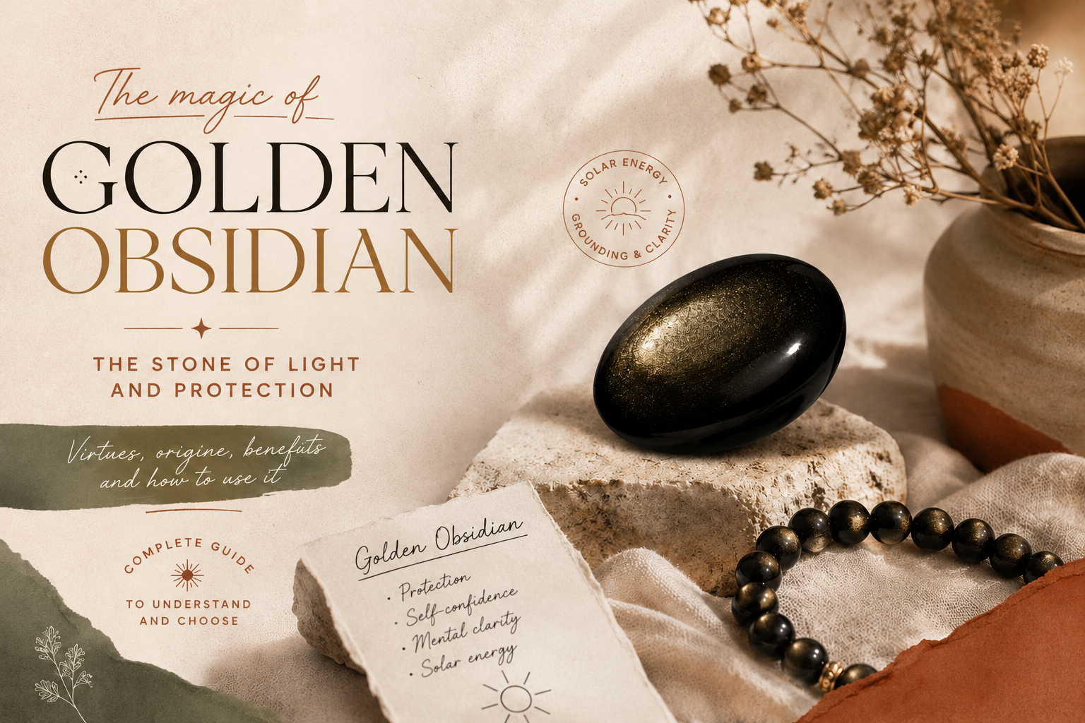 Gold sheen obsidian, black stone with a luminous golden veil
