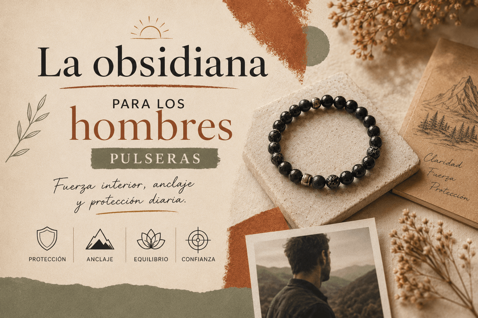 Pulsera de obsidiana negra llevada por un hombre: joya de piedra sobria y masculina