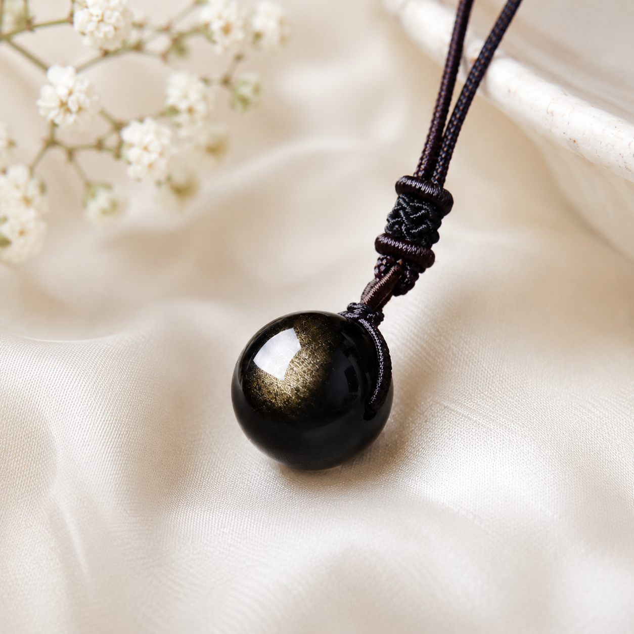 Detail of the natural gold sheen obsidian sphere