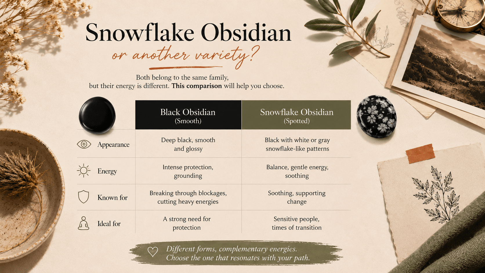 Comparison: black obsidian (smooth) vs. snowflake obsidian (speckled)