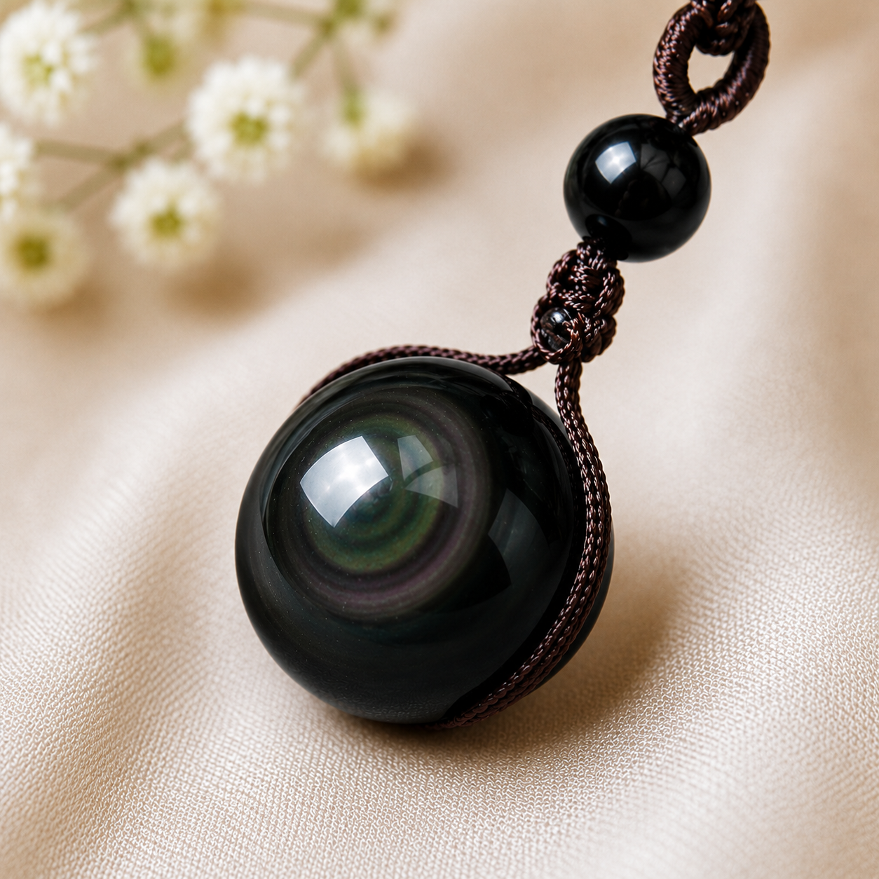 Detail of the natural rainbow obsidian sphere