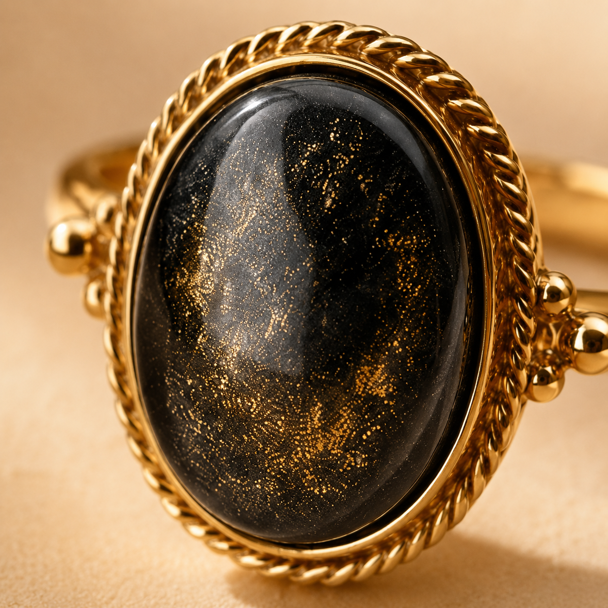 Close-up of the gold sheen obsidian ring and its golden shimmer