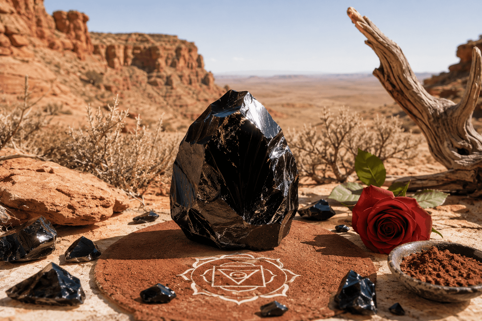 Obsidiana negra, piedra del chakra raíz, en la base de la columna