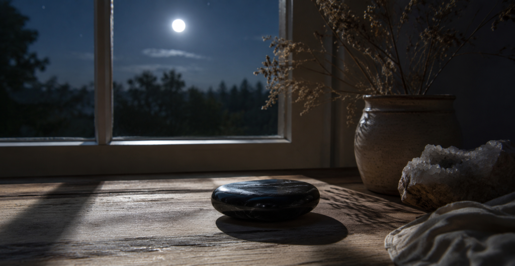 pierre obsidienne noire rechargement avec lumière lune