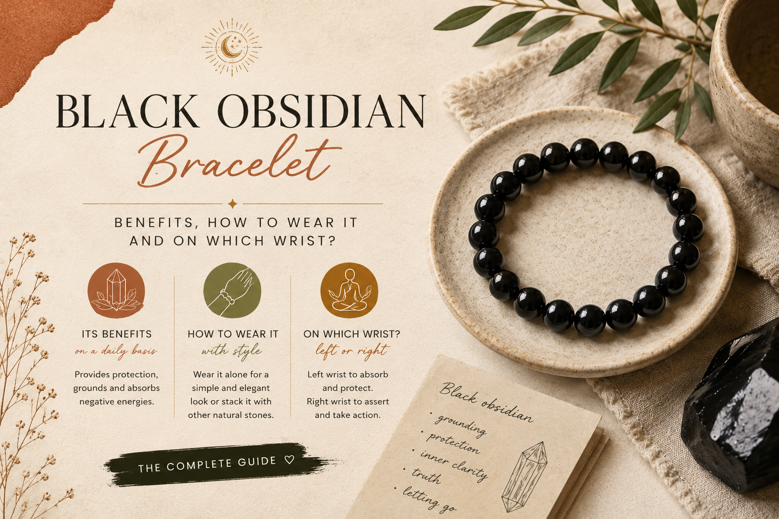 Black obsidian bracelet worn at the wrist