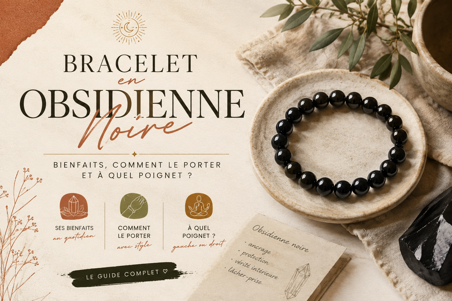 Bracelet en obsidienne noire porté au poignet