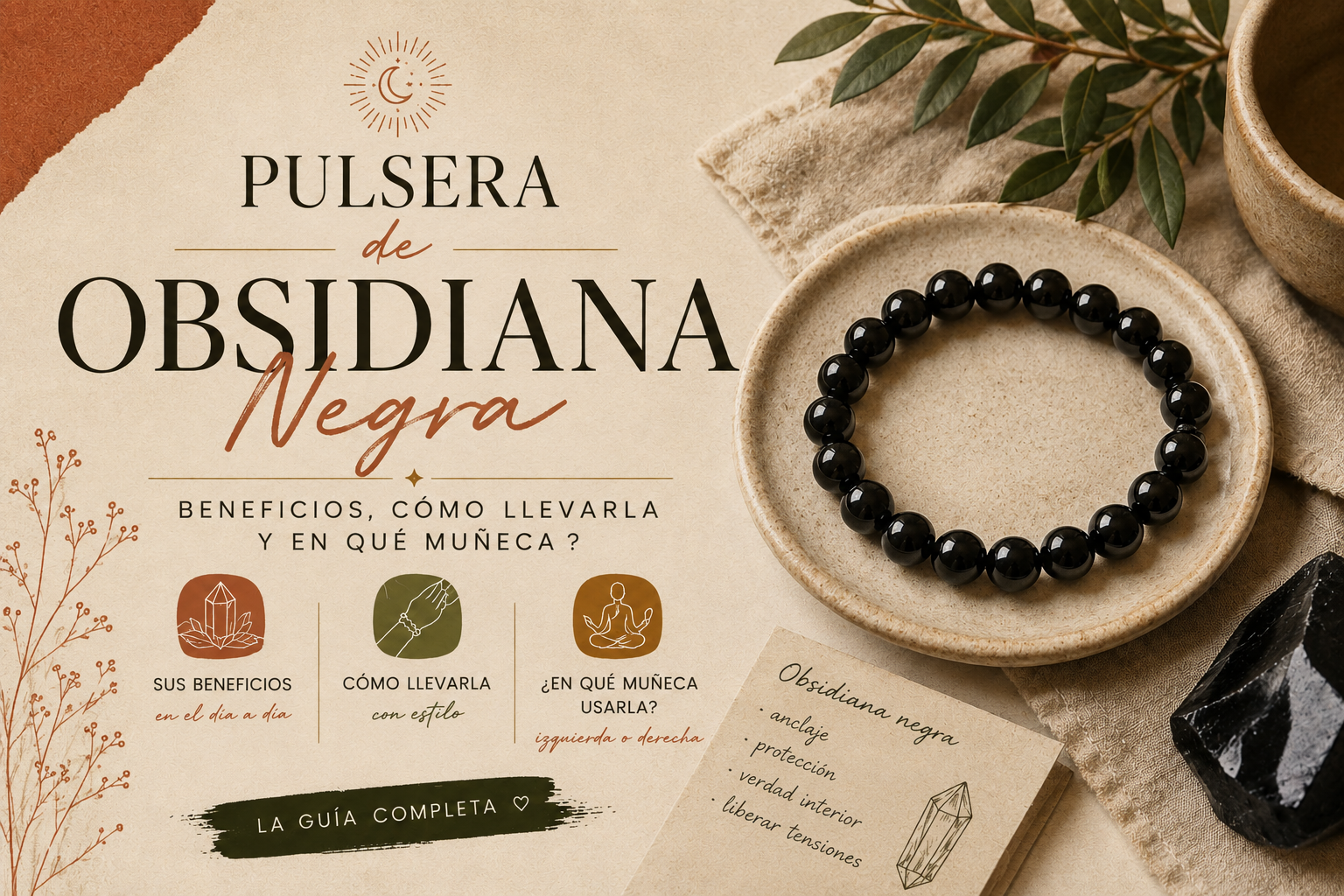 Pulsera de obsidiana negra llevada en la muñeca