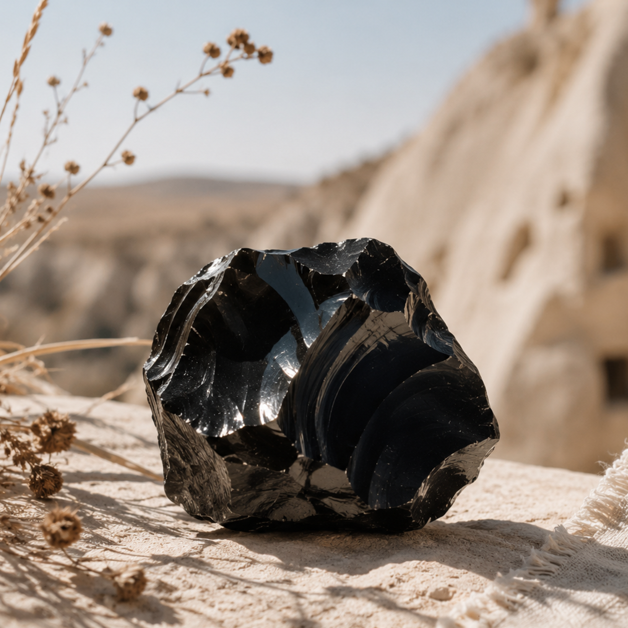 Detail of the perfect smoothness of the natural black obsidian sphere