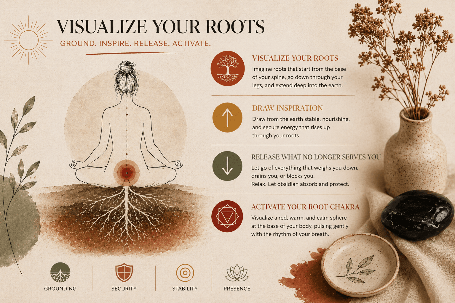 Visualising roots descending into the earth during an obsidian meditation
