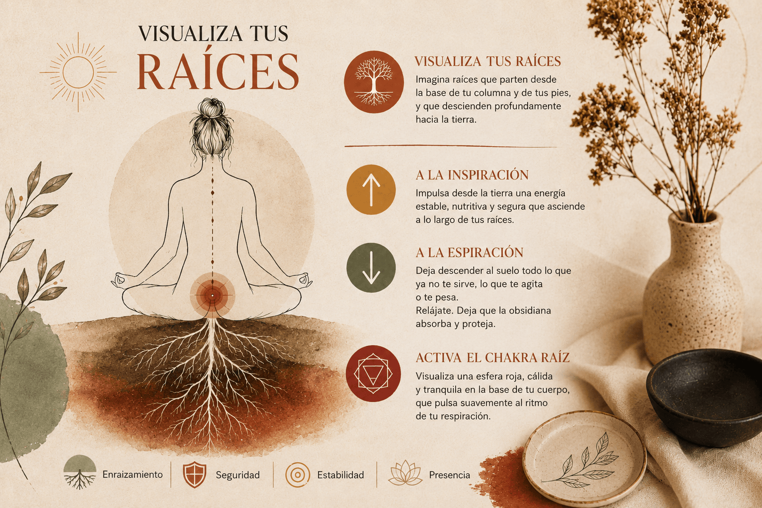 Visualización de raíces descendiendo en la tierra durante una meditación con obsidiana