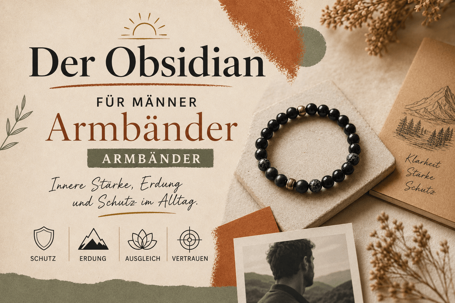 Obsidian für Männer: Armbänder, Ringe & Bedeutung Schwarzes Obsidian-Armband, von einem Mann getragen: schlichtes, männliches Steinschmuckstück