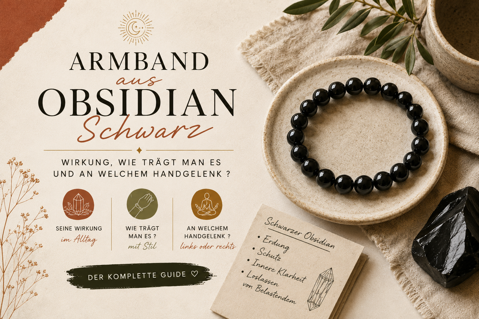 Die Wirkung des Obsidian-Armbands Schwarzes Obsidian-Armband am Handgelenk getragen