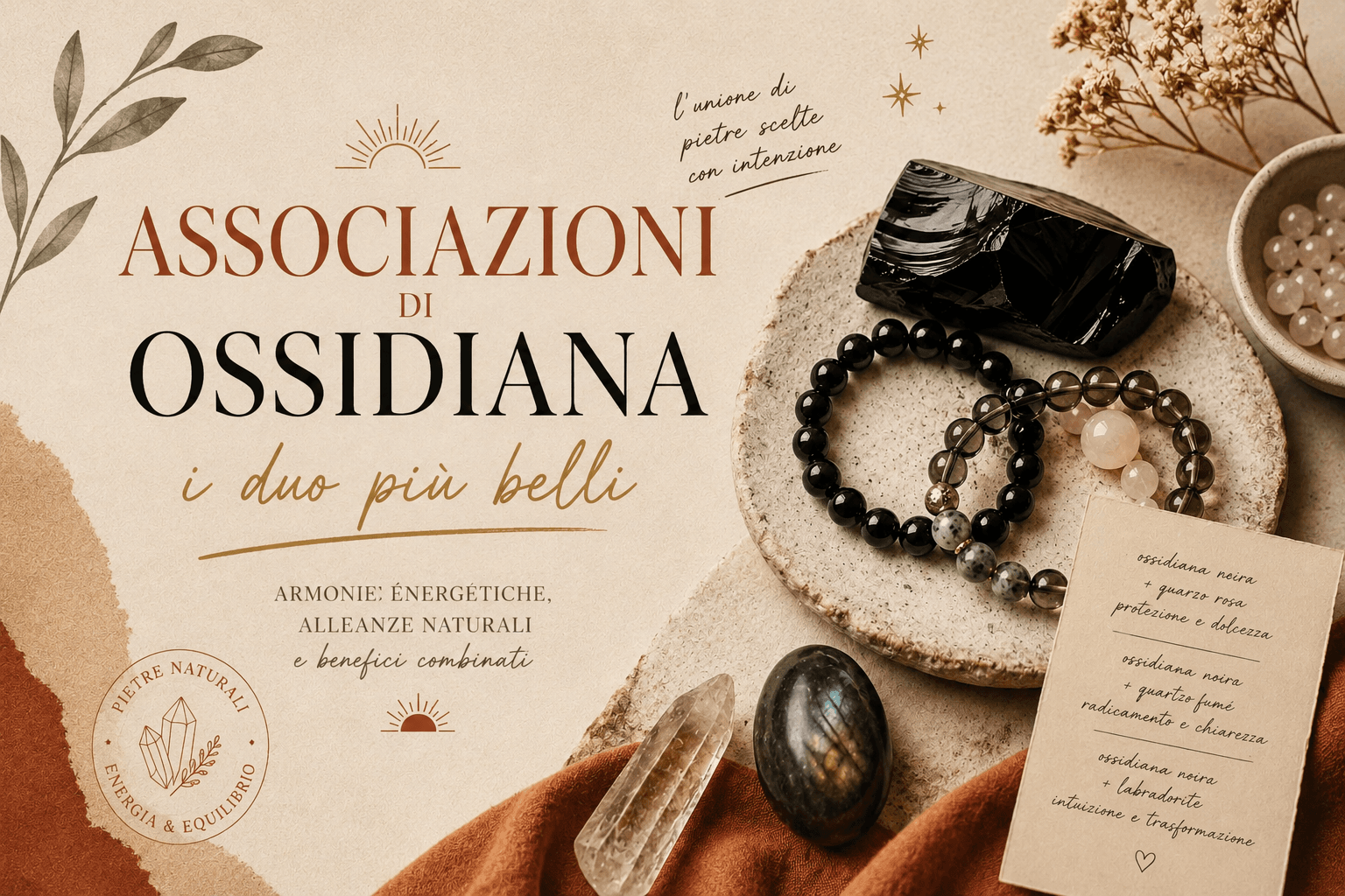 Abbinamenti dell'ossidiana con altre pietre naturali: duo e trio nella cristalloterapia