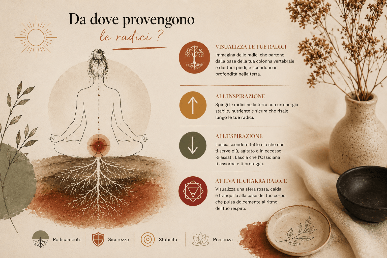 Visualizzazione di radici che scendono nella terra durante una meditazione all'ossidiana