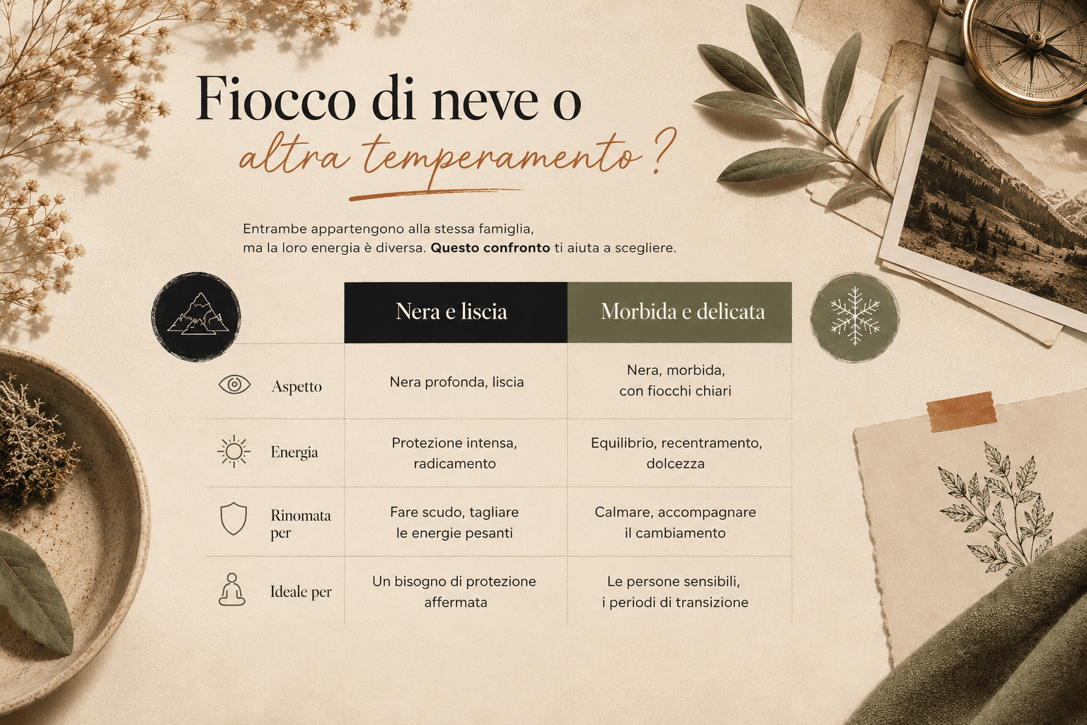 Confronto tra un'ossidiana nera liscia e un'ossidiana fiocco di neve screziata