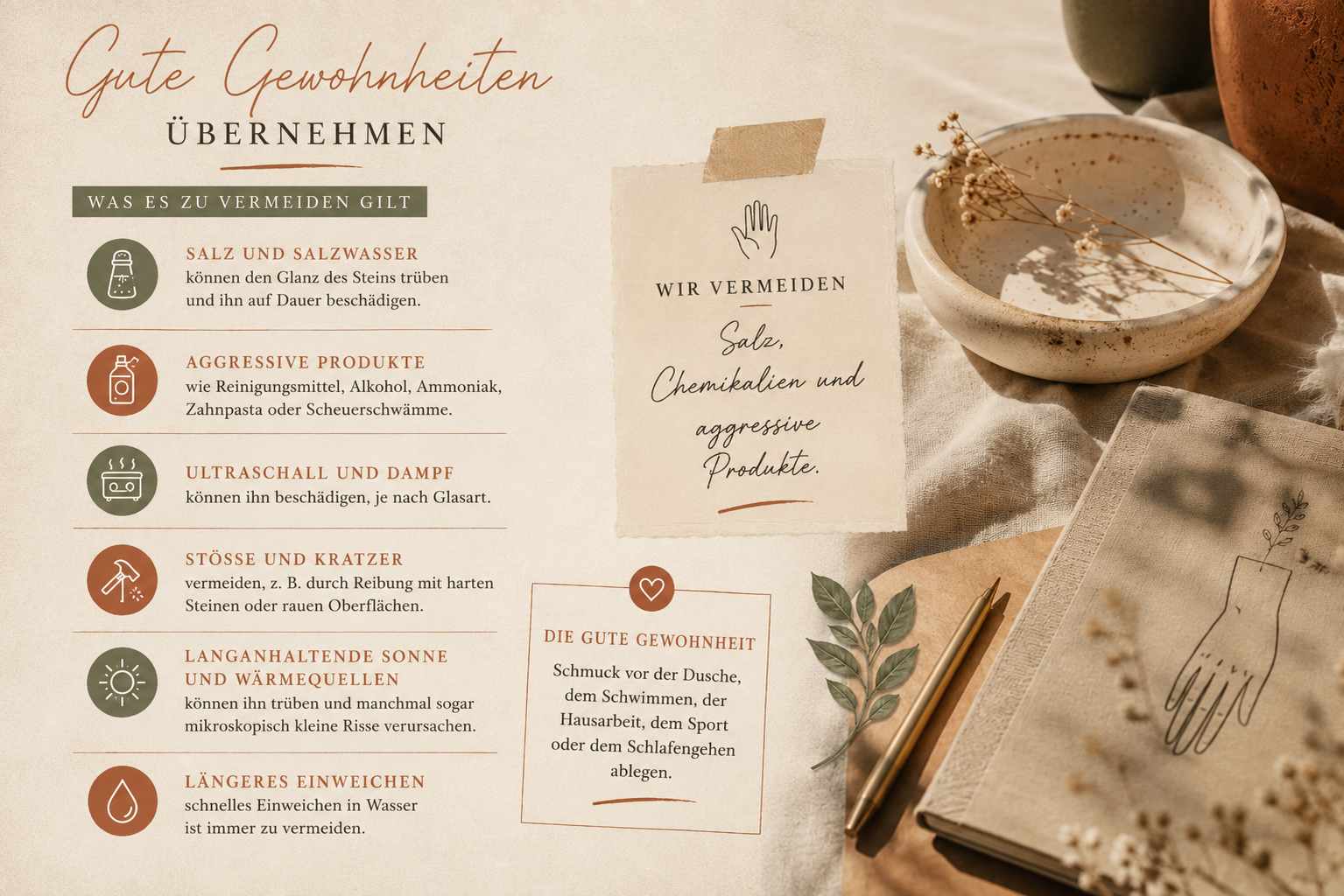 Obsidian reinigen und pflegen im Alltag Salz, Stöße und aggressive Produkte bei Obsidian vermeiden
