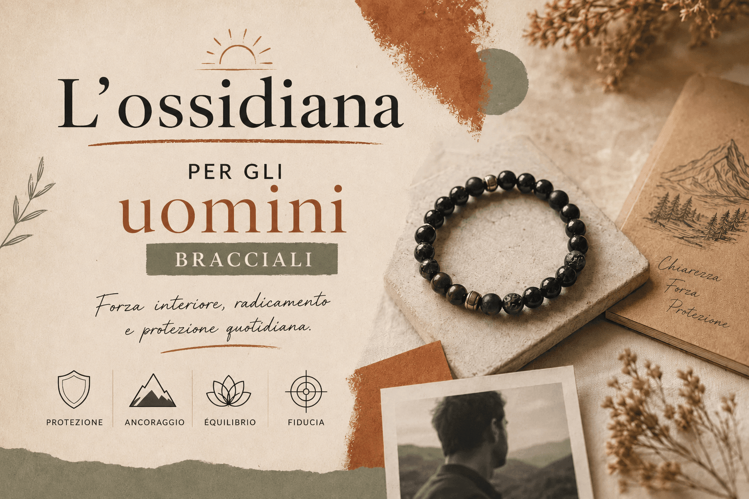 Bracciale in ossidiana nera indossato da un uomo: gioiello di pietra sobrio e maschile