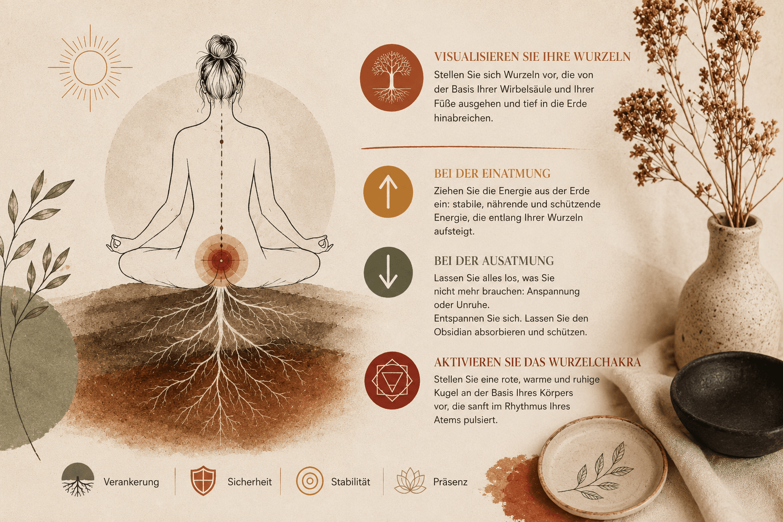 Die Wurzel-Visualisierung in der Meditation Visualisierung von Wurzeln, die während einer Obsidian-Meditation in die Erde hinabreichen