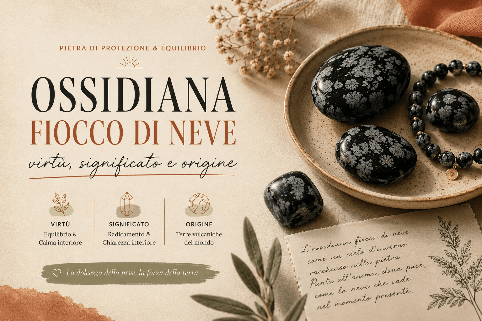 Ossidiana fiocco di neve: pietra nera screziata di fiocchi grigi e bianchi