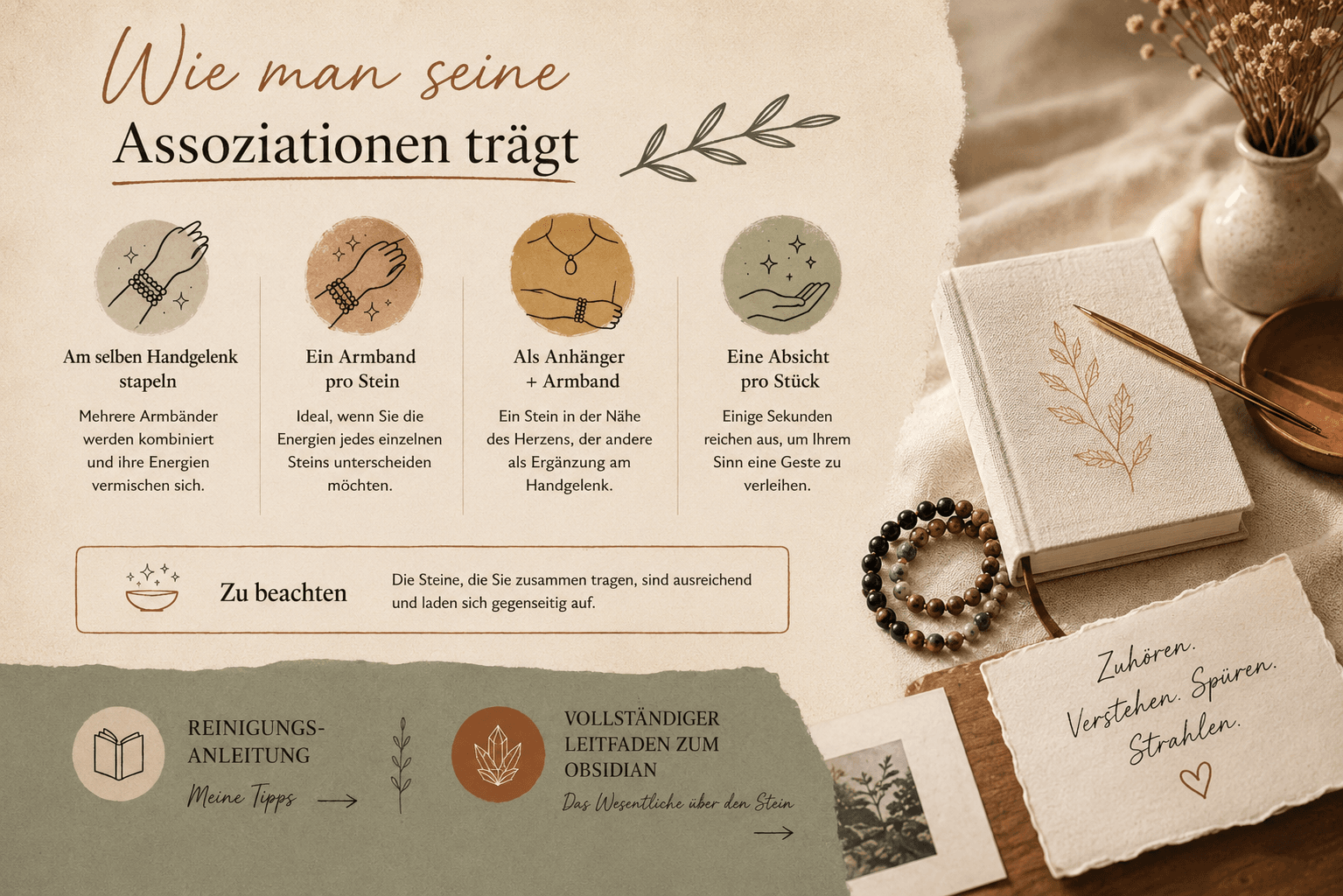 Mehrere Natursteinarmbänder am selben Handgelenk gestapelt