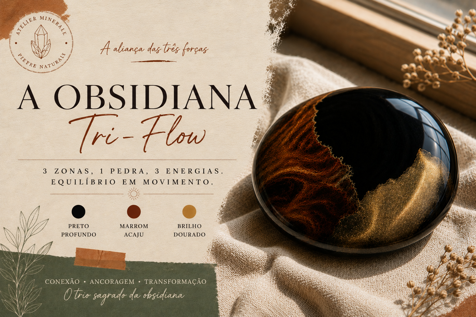 Obsidiana tri-flow misturando zonas negra, mogno e dourada