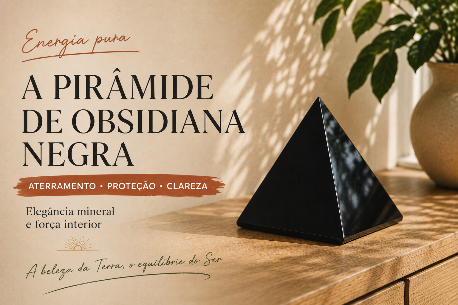 Pirâmide de obsidiana negra polida colocada sobre um móvel de madeira