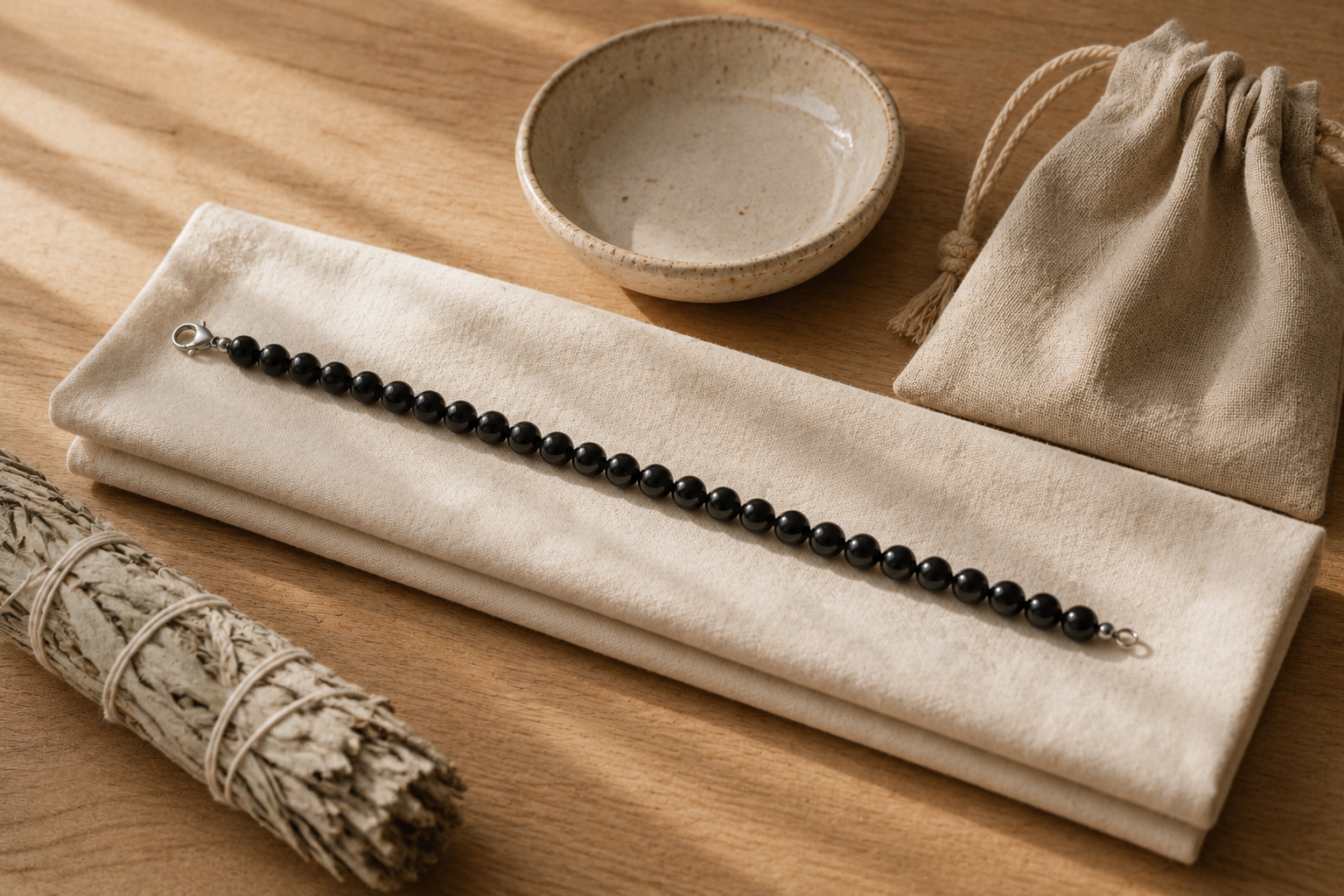 Collier d'obsidienne noire étendu à plat sur un chiffon de coton près d'une soucoupe