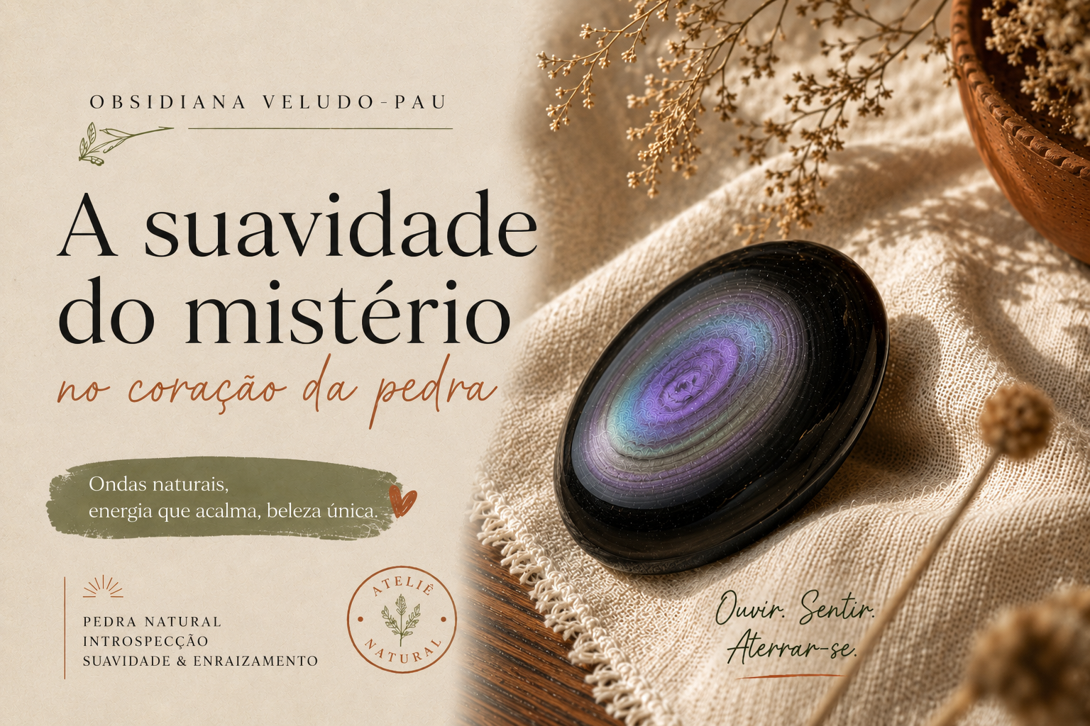 Obsidiana veludo-pavão com ondulações lavanda e verdes