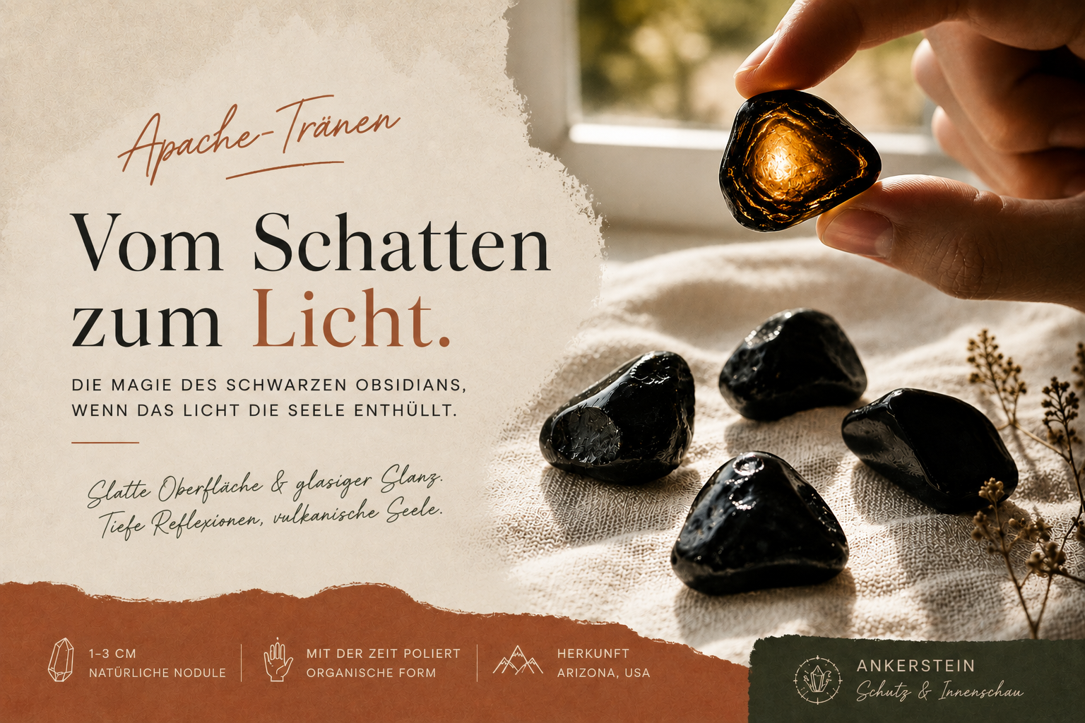 Apachentränen, kleine durchscheinende Obsidian-Kiesel im Gegenlicht