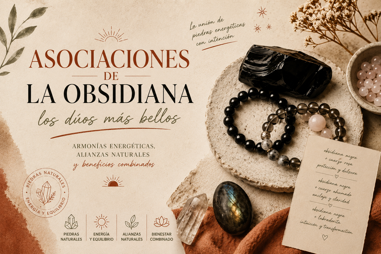 Combinaciones de la obsidiana con otras piedras naturales: dúos y tríos en cristaloterapia