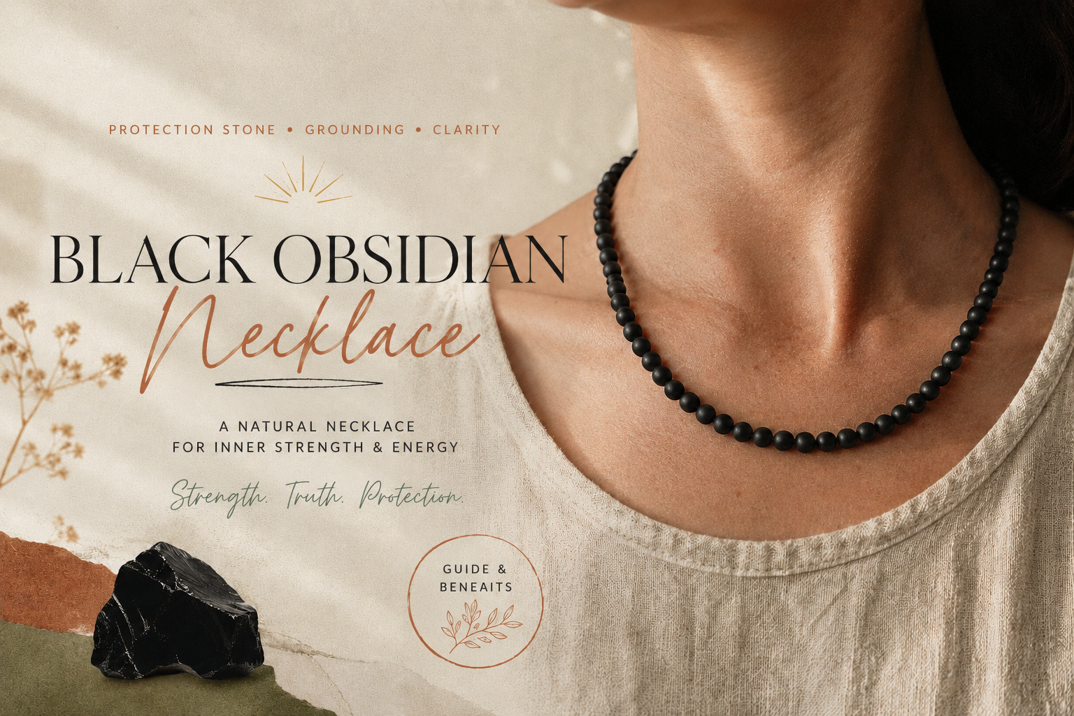 Black obsidian necklace worn over an ecru linen neckline