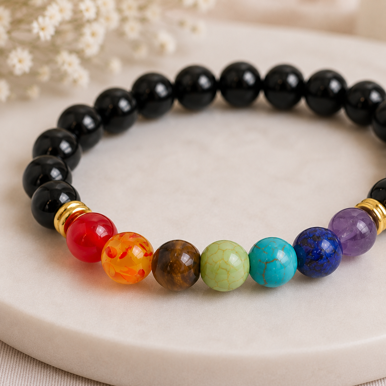 Bracelet 7 Chakras Obsidienne Bracelet 7 Chakras Obsidienne Perles