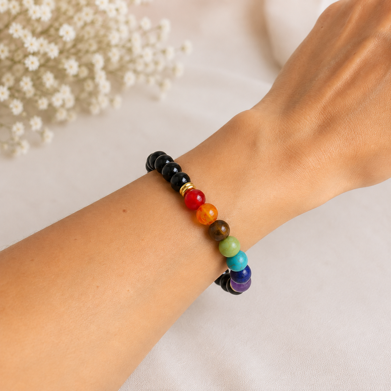 Bracelet 7 Chakras Obsidienne Bracelet 7 Chakras Obsidienne Poignet