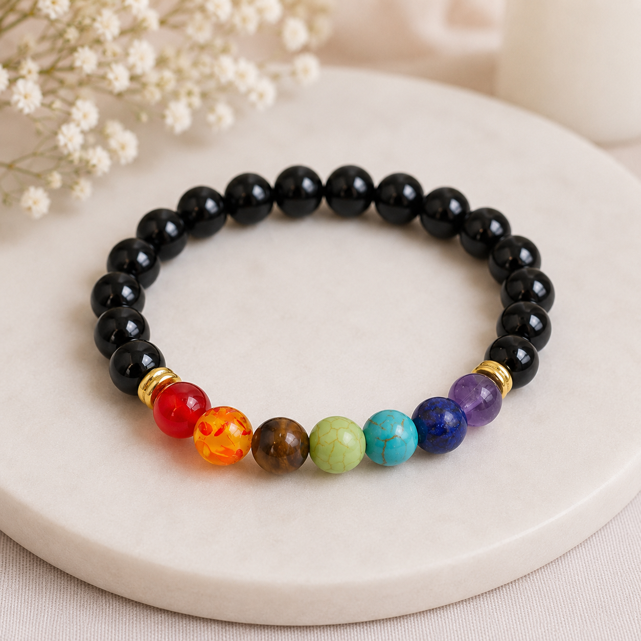 Bracelet 7 Chakras Obsidienne Bracelet 7 Chakras Obsidienne