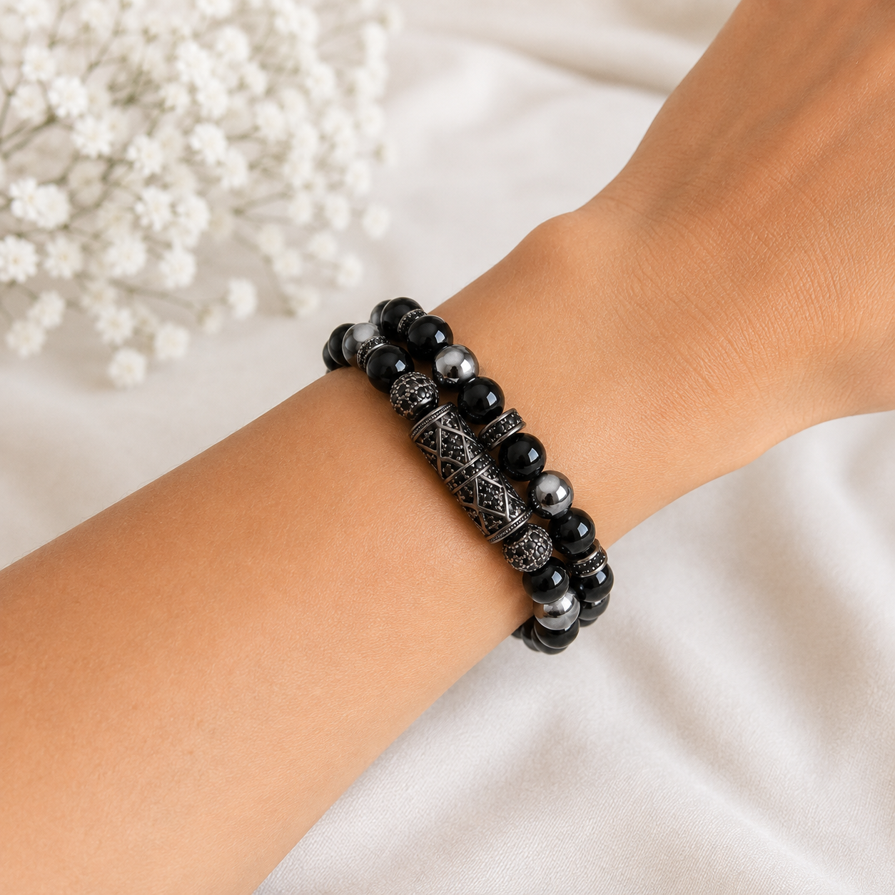 Bracelet Obsidienne Homme Bracelet Obsidienne Homme perles sur poignet