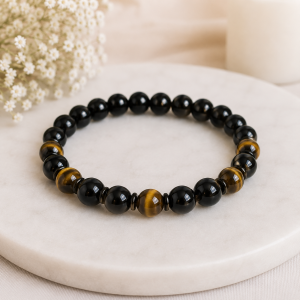 Bracelet Obsidienne Noire et Oeil de Faucon