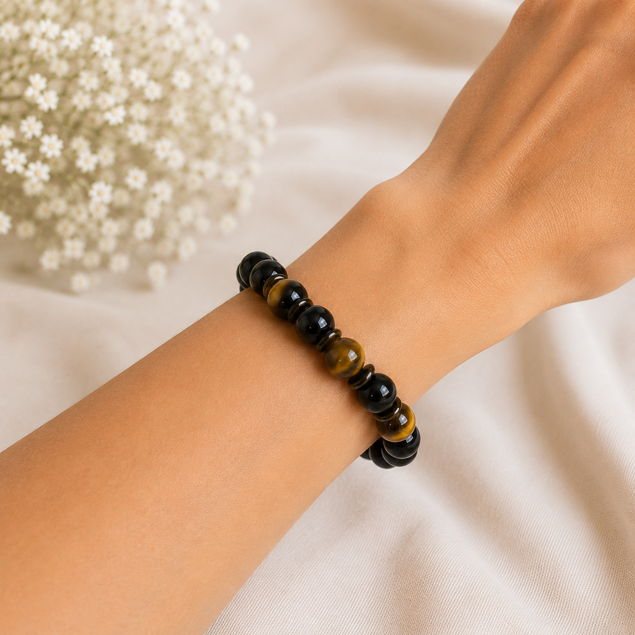 Pulseira de Obsidiana e Olho de Falcão Pulseira de Obsidiana e Olho de Falcão
