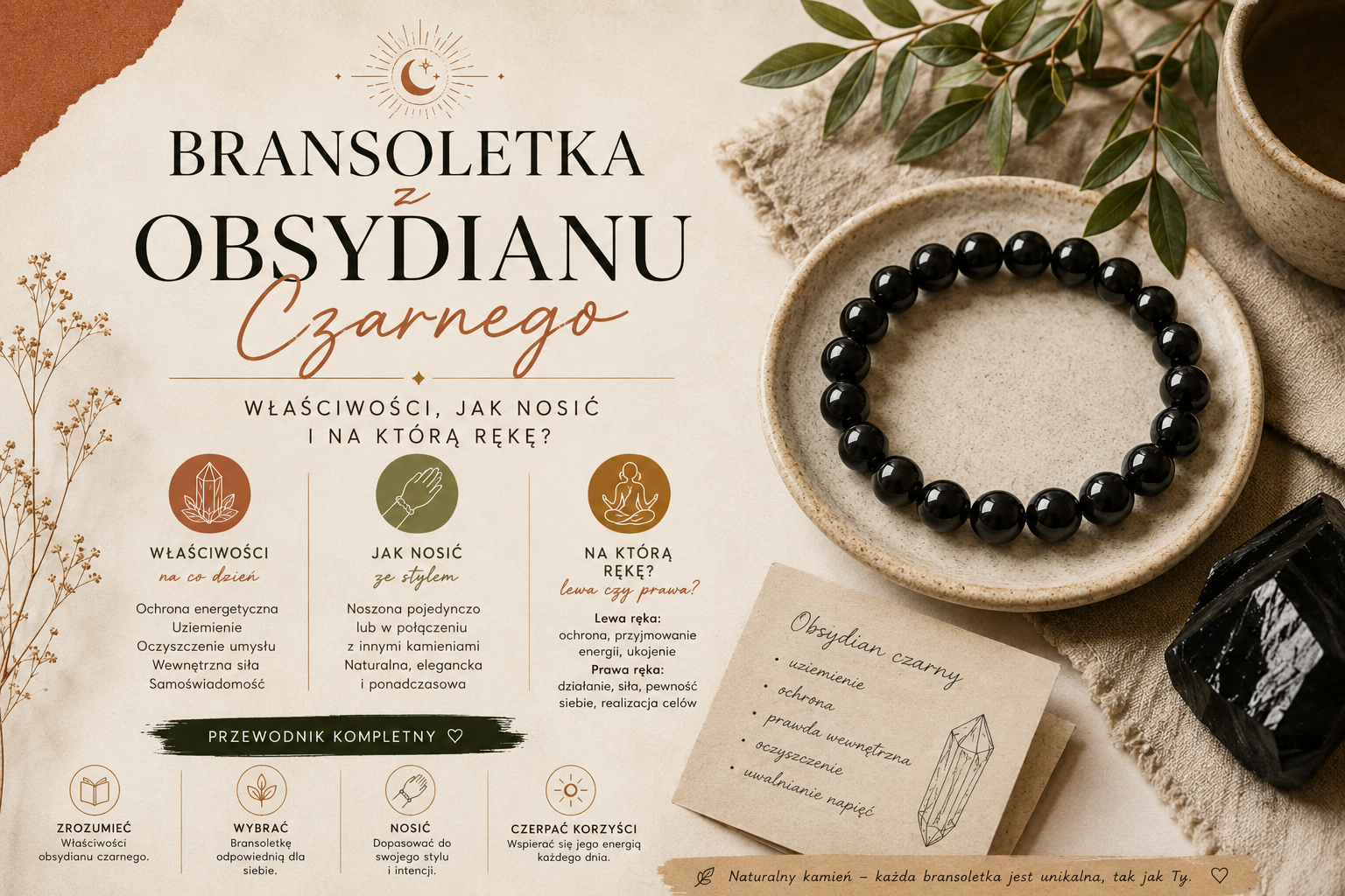 Bransoletka z czarnego obsydianu noszona na nadgarstku