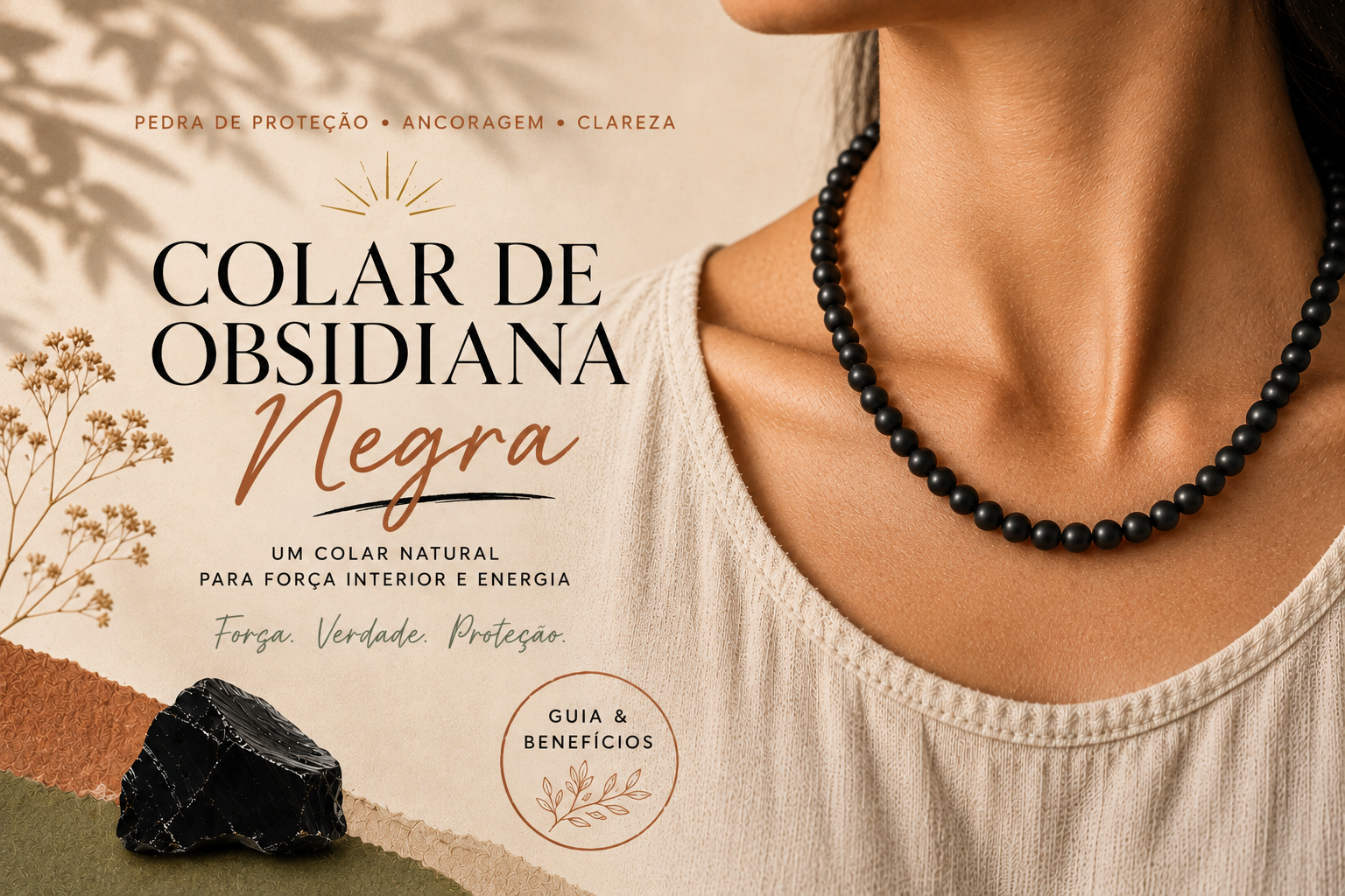 Colar de obsidiana negra usado sobre um decote de linho cru